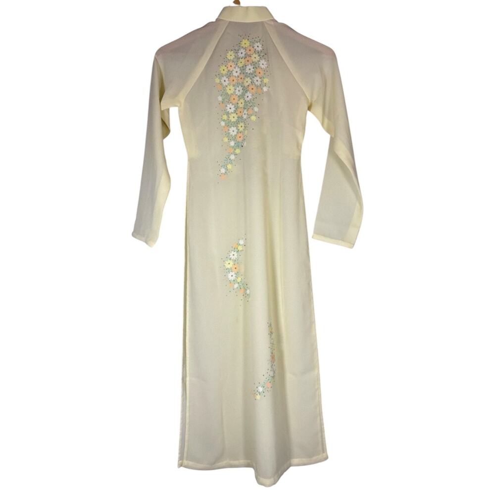 Vintage 70s Long Asian Dress Floral Sheer High Slit XS Long Sleeve Hippie Ao Dai